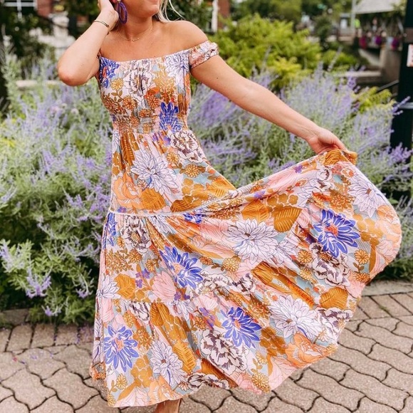 Dresses & Skirts - Bright floral off the shoulder maxi dress